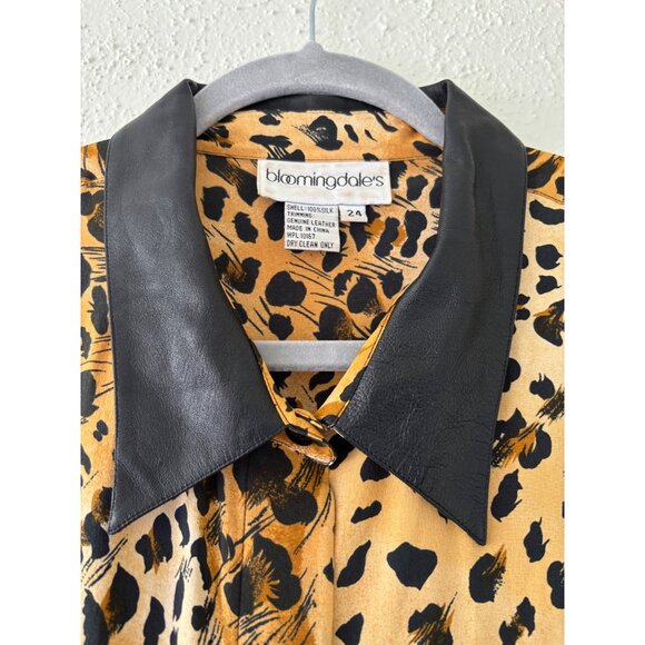 Bloomingdales Womens Silk Cheetah Print Button-Up Shirt Genuine Leather Collar - Picture 5 of 16